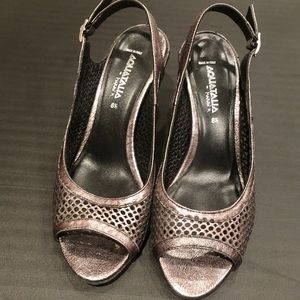 Aquatalia Metallic Wedge Peep Toe Sandal: Size 8.5